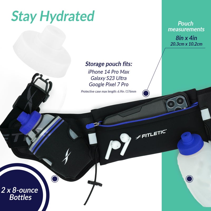 Fitletic Hydration Running Belt With Water Bottles For Men & Women â€“ 2 Quick Flow 8oz Running Water Bottles, Patented Bounce Free Design, Water Resistant Pouch Fits All Phones â€“ Hydra 16 - Image 2